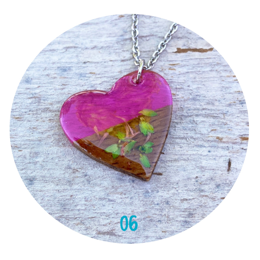 Wood Acrylic Resin Flower Heart Necklace